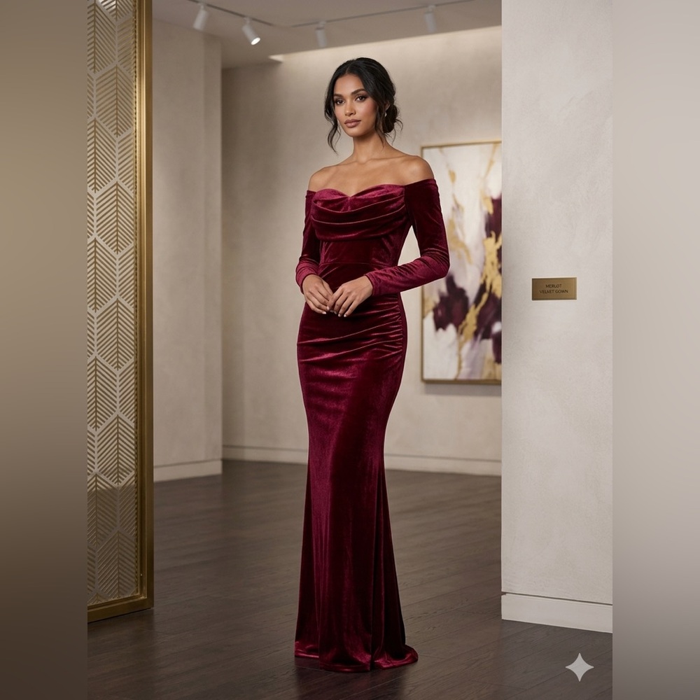 Off-Shoulder Velvet Evening Gown slit on the side dress - Wine